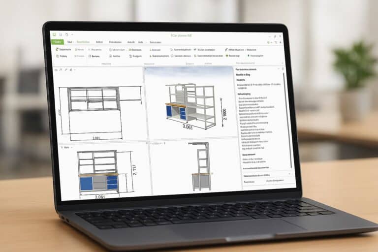 Eine Werkbank mit Aufbau inkl. Beleuchtung, sowie ein seitlich angestelltes Schwerlastregal werden in einem 3D-Programm dargestellt und bemaßt.