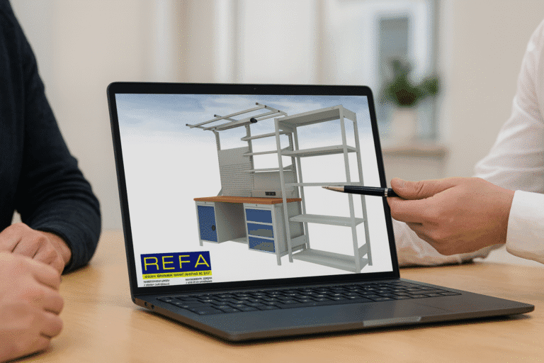 Moderne Betriebsausstattung: Auf einem Laptop wird ein professionell geplantes Arbeitsplatz- und Regalsystem präsentiert, ideal für effiziente Arbeitsprozesse.