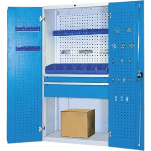 Stabiler Werkzeugschrank mit Lochwänden, Schublade und vielseitigen Ablagen. Ideal zur übersichtlichen Aufbewahrung von Werkzeugen und Betriebsausstattung.