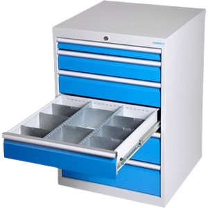 Moderner Schubladenschrank als Teil der Betriebsausstattung. Diese robuste Betriebseinrichtung bietet geordnete Aufbewahrung für Werkzeuge und Kleinteile.