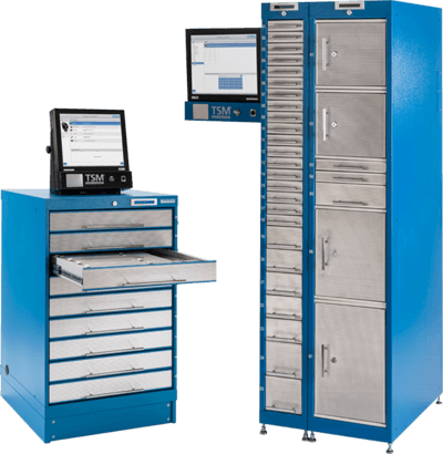 Automatisierte Betriebsausstattung: Zwei digitale Ausgabesysteme mit Schubladen und Fächern für sichere und effiziente Verwaltung von Werkzeugen und Material.