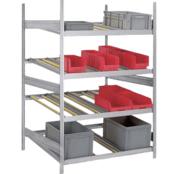 Robustes Durchlaufregal mit Rollenbahnen für effiziente Lagerorganisation und schnellen Zugriff – ideal für moderne Betriebsausstattungen.