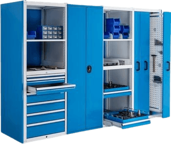 Modulares Schranksystem mit Schubladen, Regalen und Werkzeugtafeln – optimal für ordentliche, übersichtliche und sichere Betriebsausstattungen.